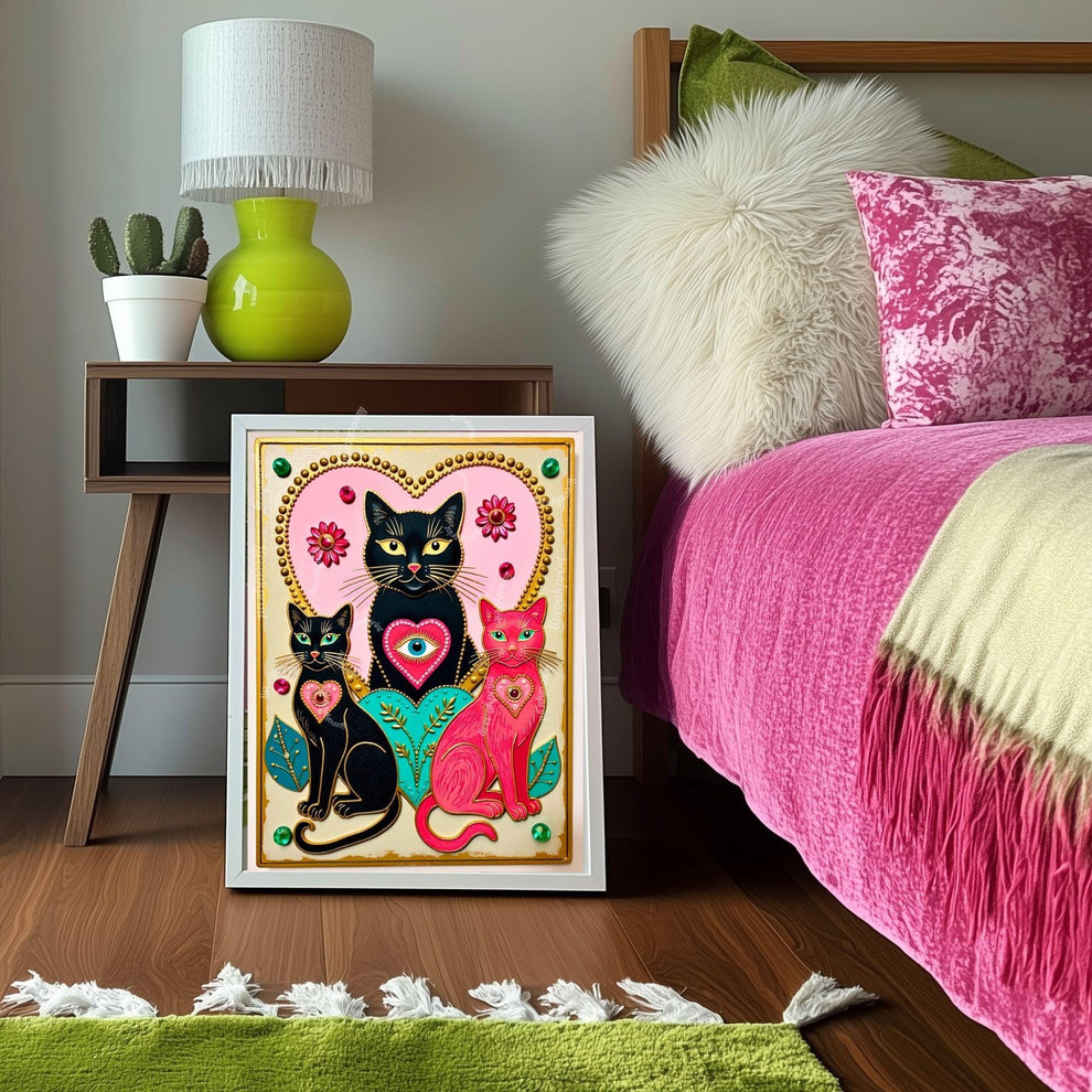 The Enchanted Cat Sisters – Whimsical Witchy Cat Wall Art Folk Wall Art Funky Cat Print Witchy Cat Gift Psychedelic Wall Decor Gold Wall Art