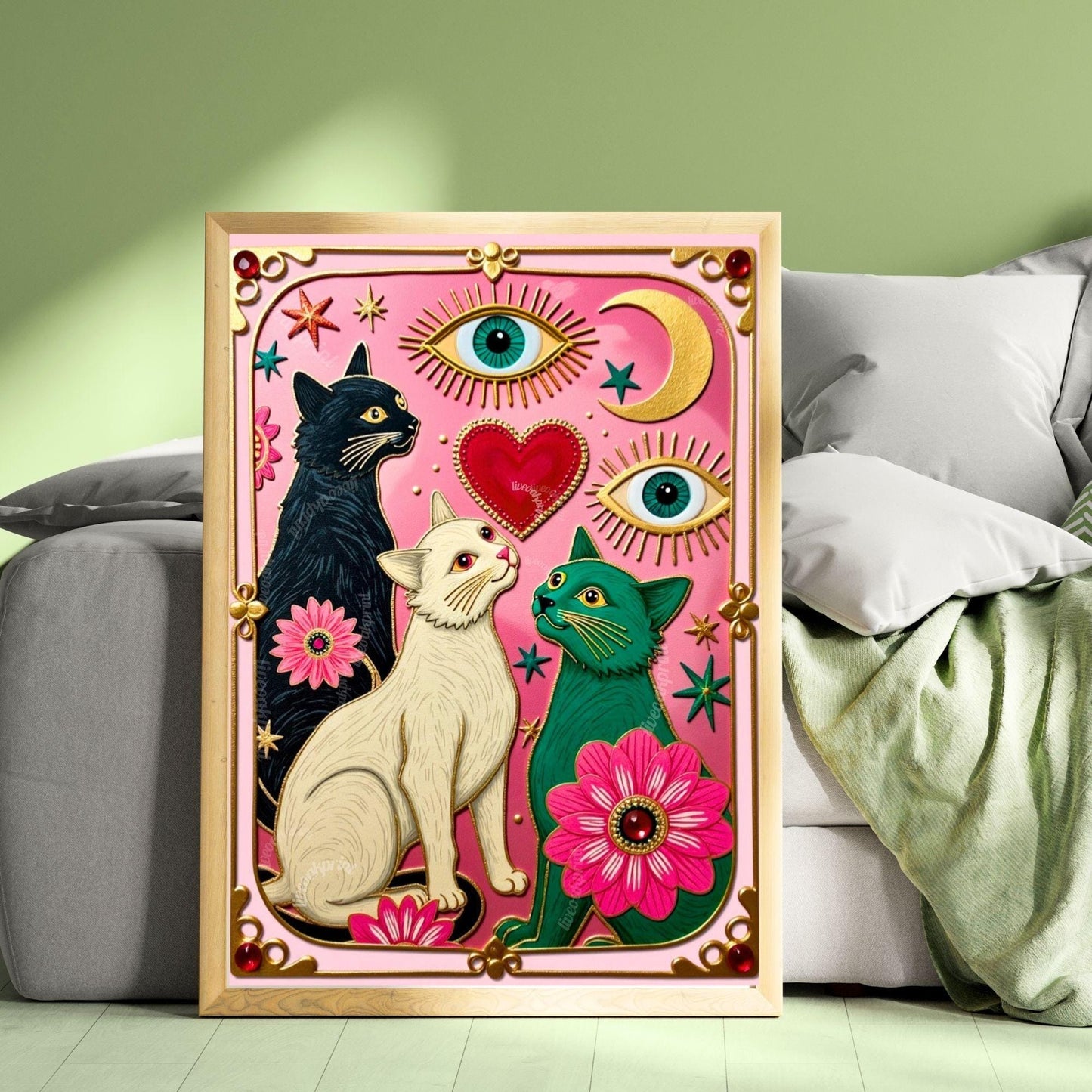 Pink Celestial Cat Wall Art – Witchy Cat Wall Art Folk Wall Art Funky Cat Print Witchy Cat Gift Psychedelic Wall Decor Gold Wall Art