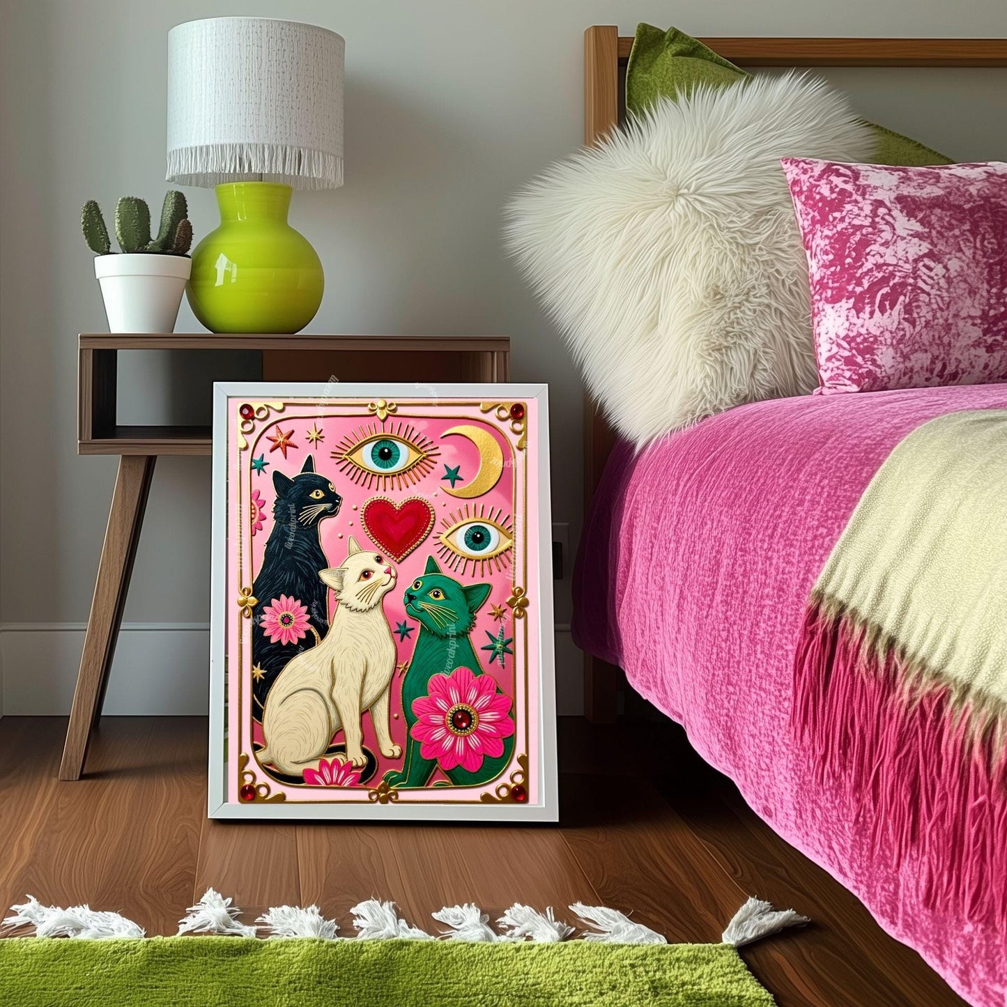 Pink Celestial Cat Wall Art – Witchy Cat Wall Art Folk Wall Art Funky Cat Print Witchy Cat Gift Psychedelic Wall Decor Gold Wall Art