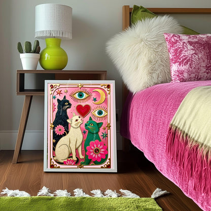 Pink Celestial Cat Wall Art – Witchy Cat Wall Art Folk Wall Art Funky Cat Print Witchy Cat Gift Psychedelic Wall Decor Gold Wall Art