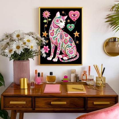 Sacred Heart Cat Print – White Cat Wall Art Sacred Heart Art Print Folk Art Wall Art White Cat Gift Ideas Pink Black Cat Print Funky Cat Art