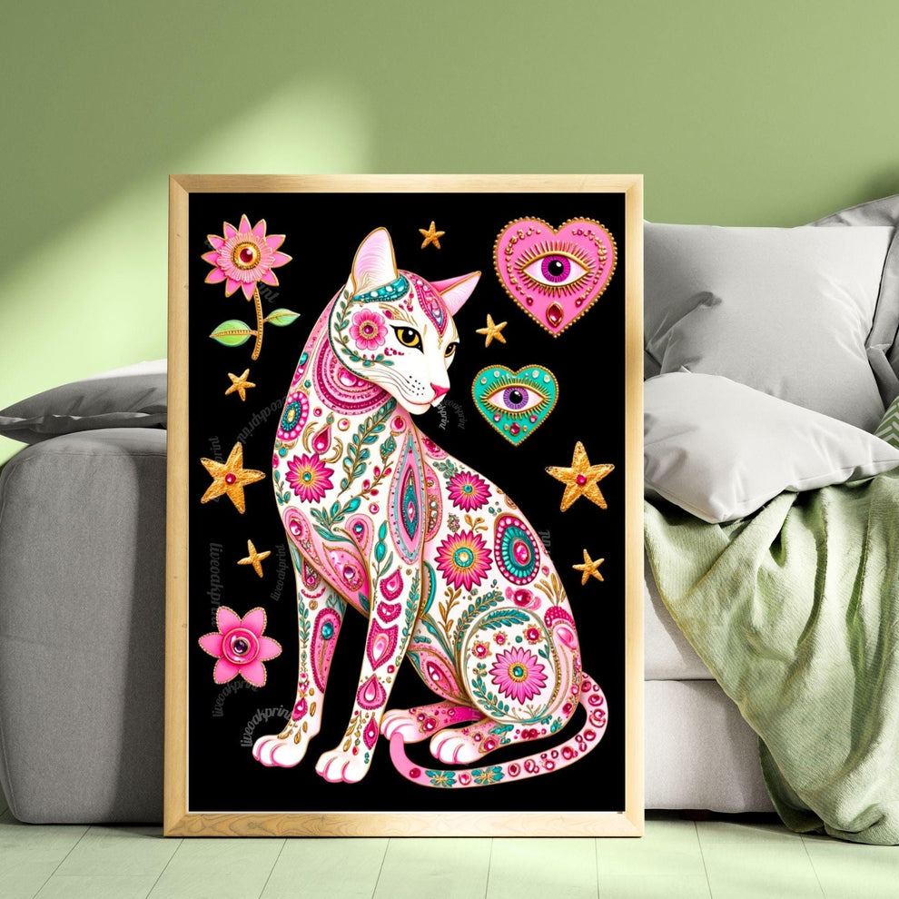 Sacred Heart Cat Print – White Cat Wall Art Sacred Heart Art Print Folk Art Wall Art White Cat Gift Ideas Pink Black Cat Print Funky Cat Art