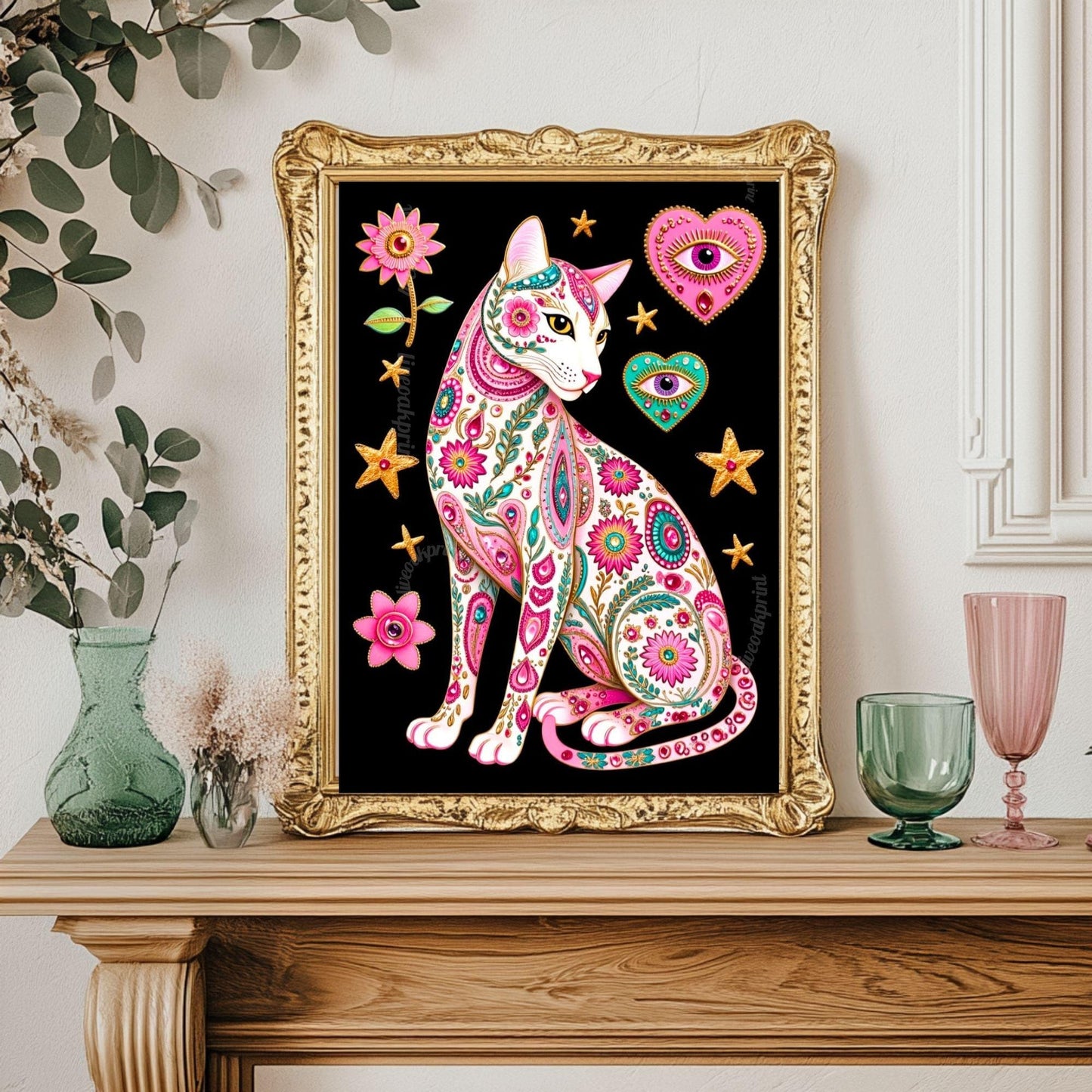 Sacred Heart Cat Print – White Cat Wall Art Sacred Heart Art Print Folk Art Wall Art White Cat Gift Ideas Pink Black Cat Print Funky Cat Art