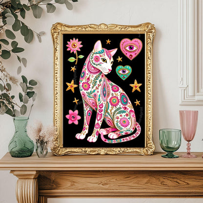 Sacred Heart Cat Print – White Cat Wall Art Sacred Heart Art Print Folk Art Wall Art White Cat Gift Ideas Pink Black Cat Print Funky Cat Art