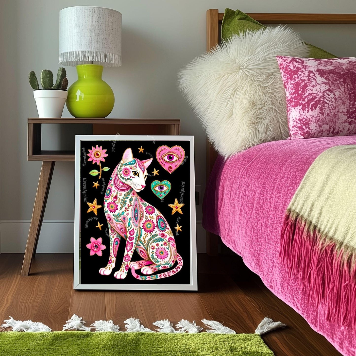 Sacred Heart Cat Print – White Cat Wall Art Sacred Heart Art Print Folk Art Wall Art White Cat Gift Ideas Pink Black Cat Print Funky Cat Art