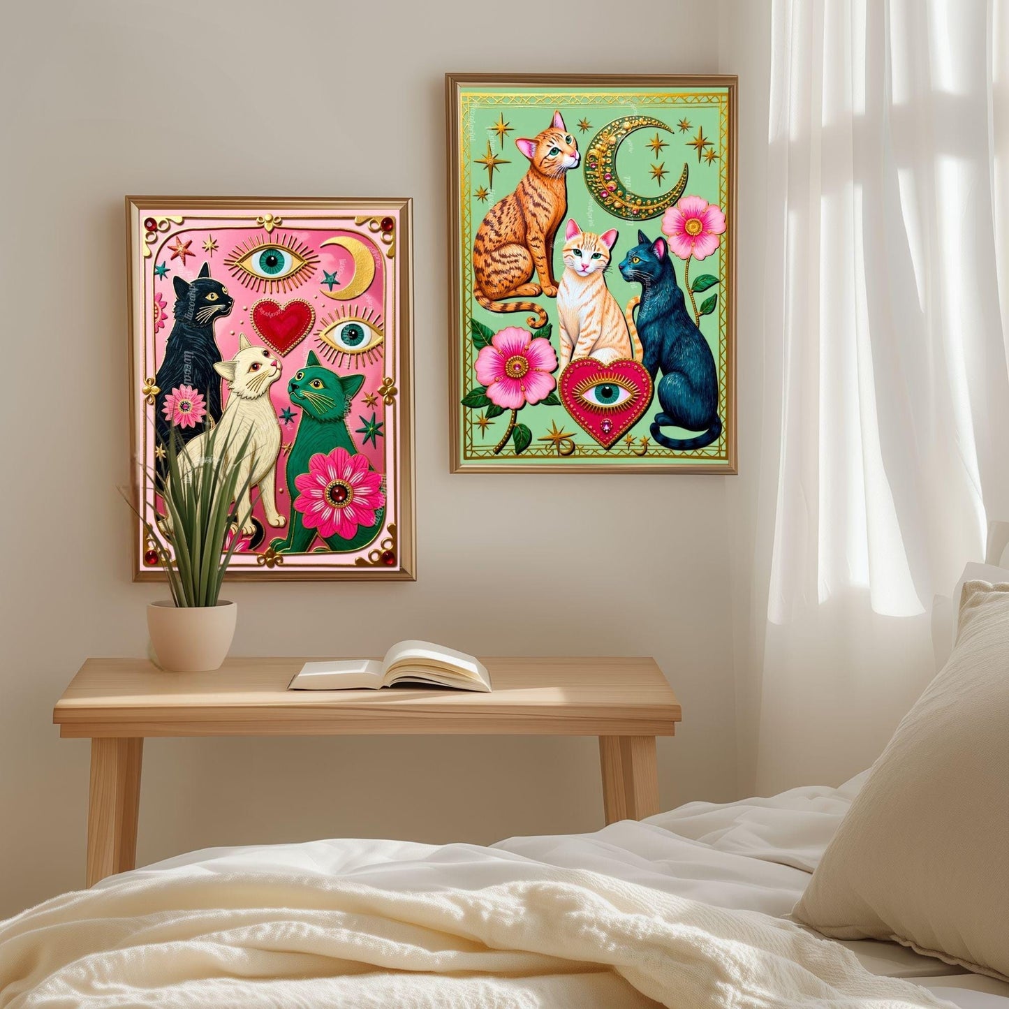 Mint Green Moon Cats – Orange Cat Wall Art Sacred Heart Art Print Folk Art Wall Art White Cat Gift Ideas Pink Black Cat Print Funky Cat Art