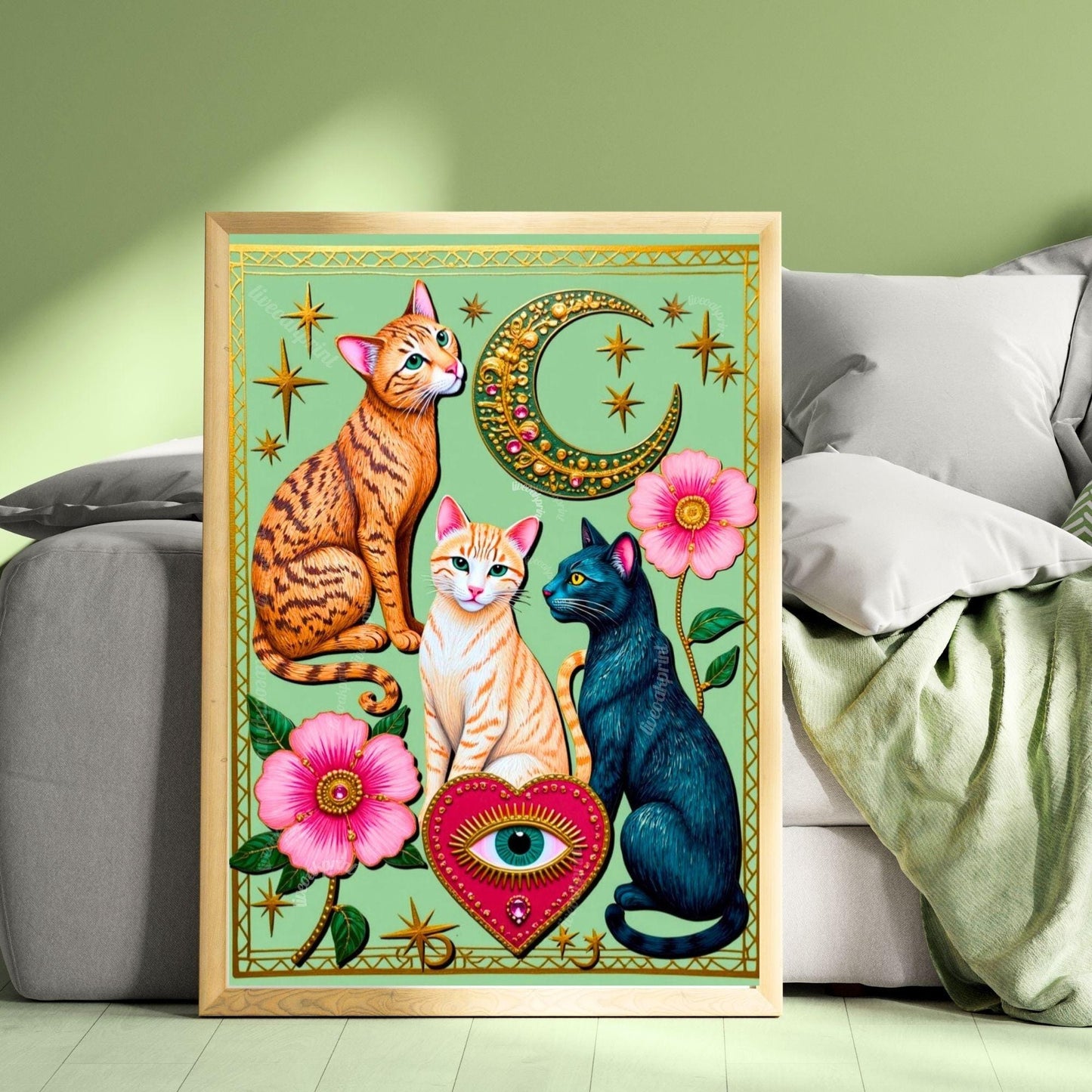 Mint Green Moon Cats – Orange Cat Wall Art Sacred Heart Art Print Folk Art Wall Art White Cat Gift Ideas Pink Black Cat Print Funky Cat Art