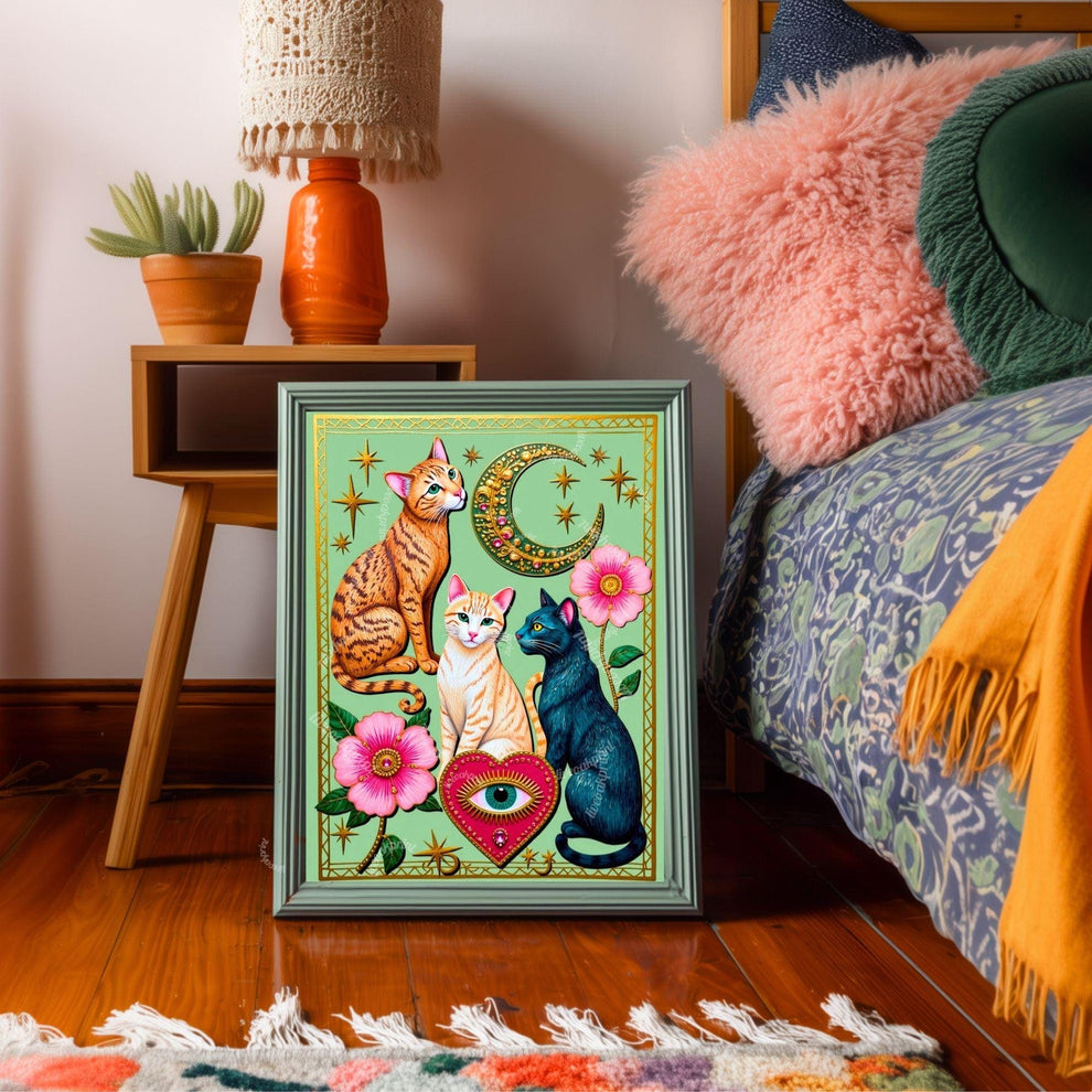 Mint Green Moon Cats – Orange Cat Wall Art Sacred Heart Art Print Folk Art Wall Art White Cat Gift Ideas Pink Black Cat Print Funky Cat Art
