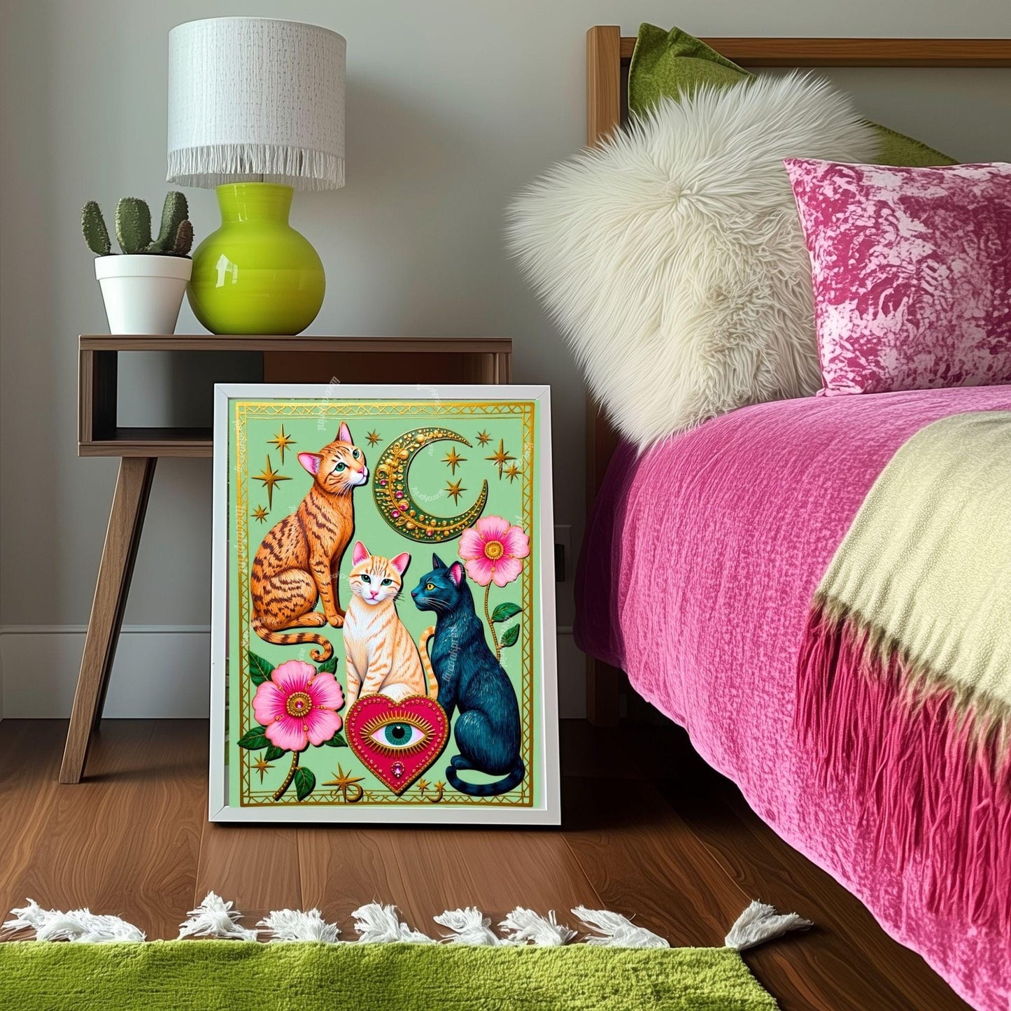 Mint Green Moon Cats – Orange Cat Wall Art Sacred Heart Art Print Folk Art Wall Art White Cat Gift Ideas Pink Black Cat Print Funky Cat Art