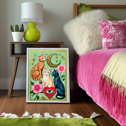 Mint Green Moon Cats – Orange Cat Wall Art Sacred Heart Art Print Folk Art Wall Art White Cat Gift Ideas Pink Black Cat Print Funky Cat Art