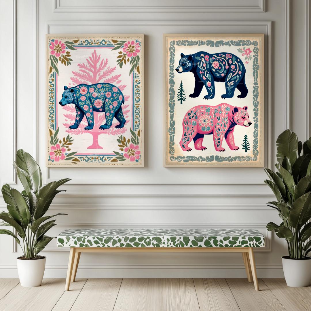 Modern Boho Bears Two Art Print Set - Bear Wall Art for Cabin or Rental Canvas Unframed or Framed