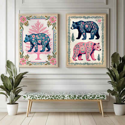 Modern Boho Bears Two Art Print Set - Bear Wall Art for Cabin or Rental Canvas Unframed or Framed