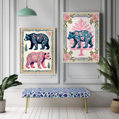 Modern Boho Bears Two Art Print Set - Bear Wall Art for Cabin or Rental Canvas Unframed or Framed