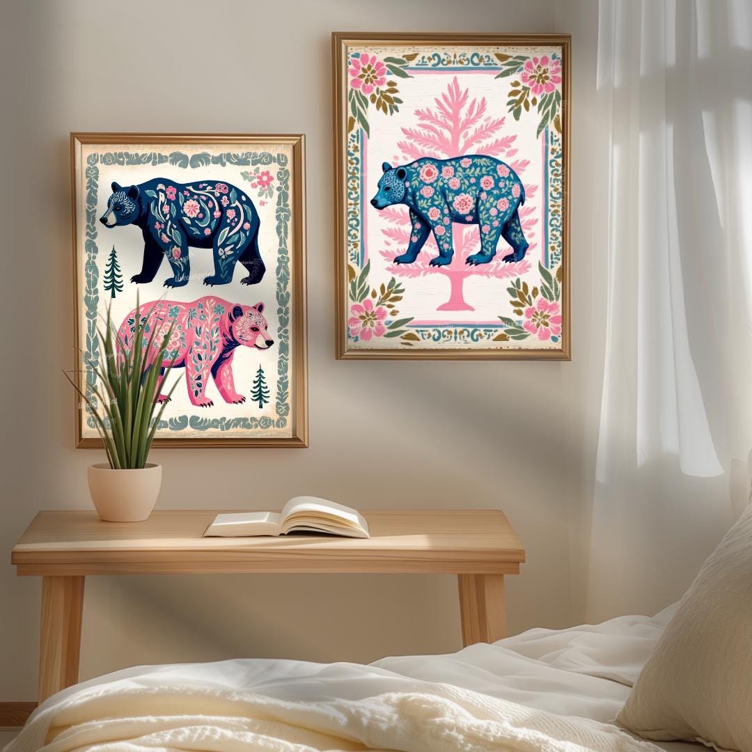 Modern Boho Bears Two Art Print Set - Bear Wall Art for Cabin or Rental Canvas Unframed or Framed
