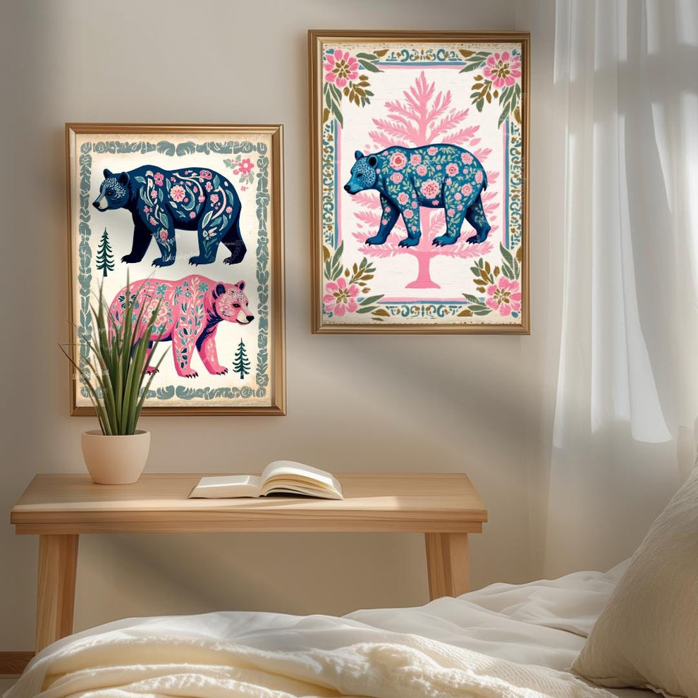 Modern Boho Bears Two Art Print Set - Bear Wall Art for Cabin or Rental Canvas Unframed or Framed