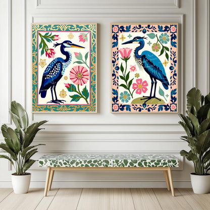 Cranes Wall Art Two Art Print Set - Blue Heron Wall Art Set of Two Canvas Framed or Unframed Boho Modern Japandi Prints