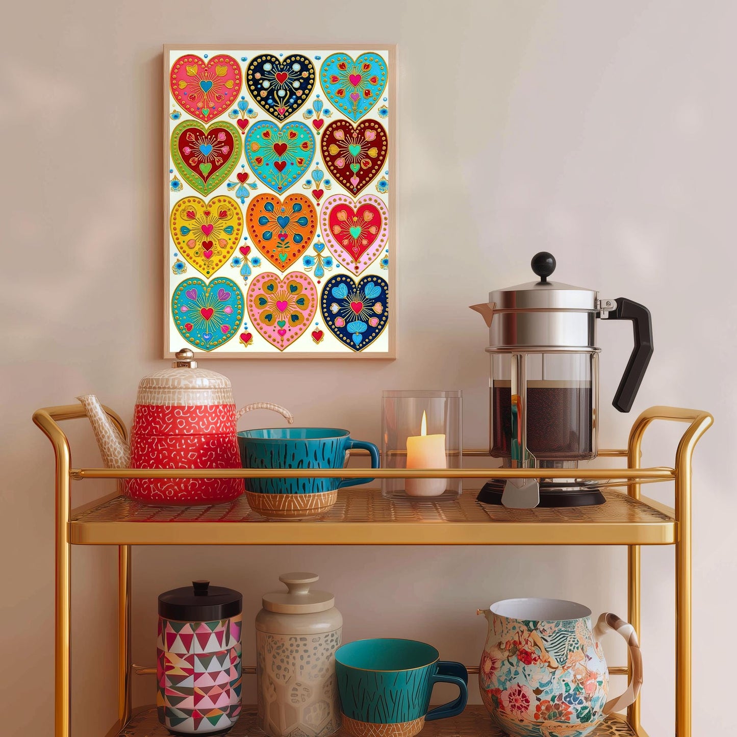 Folk Art Heart Wall Print – Colorful Sacred Hearts Artwork, Boho Gold Wall Art for Bedroom or Gallery Wall, Whimsical Romantic Decor