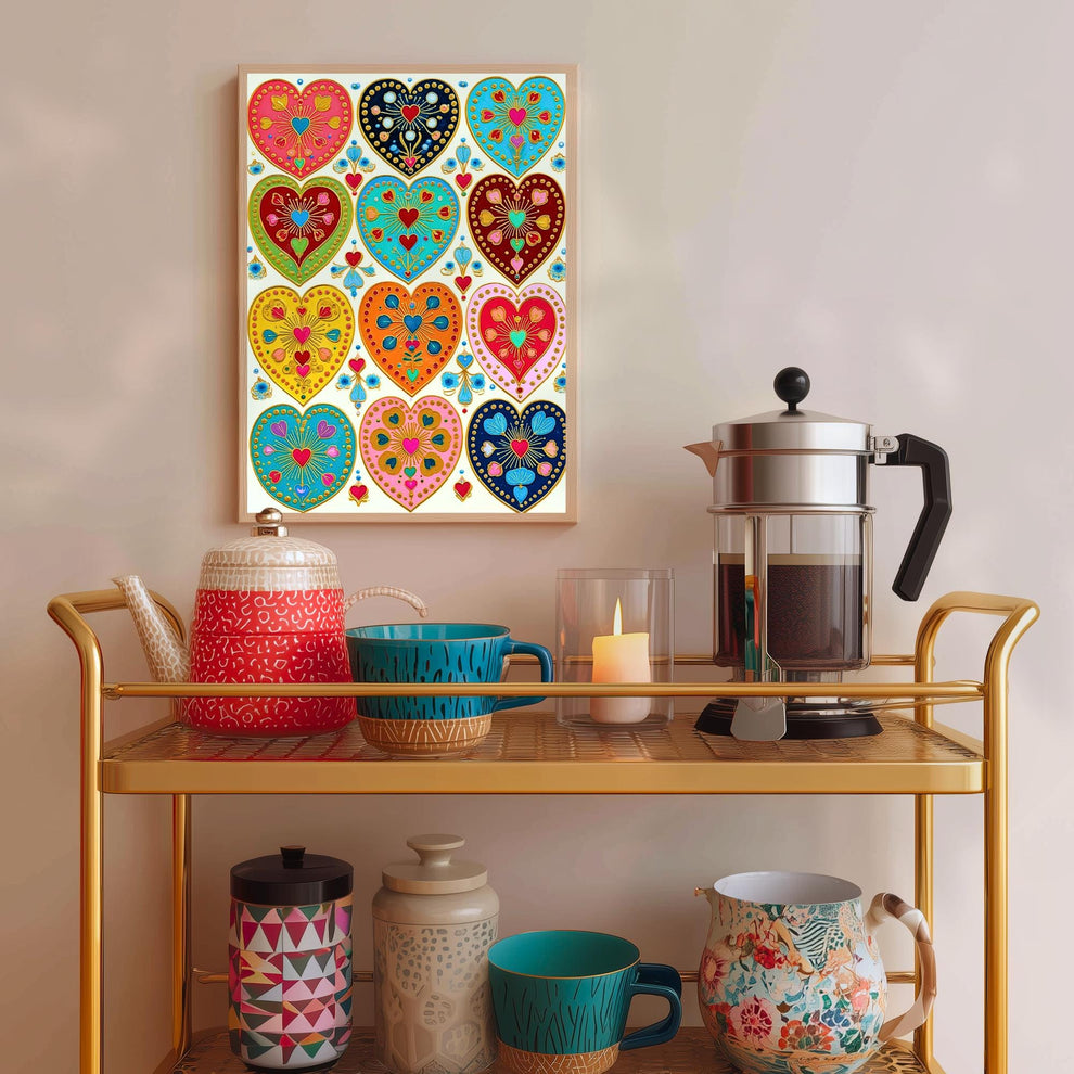 Folk Art Heart Wall Print – Colorful Sacred Hearts Artwork, Boho Gold Wall Art for Bedroom or Gallery Wall, Whimsical Romantic Decor