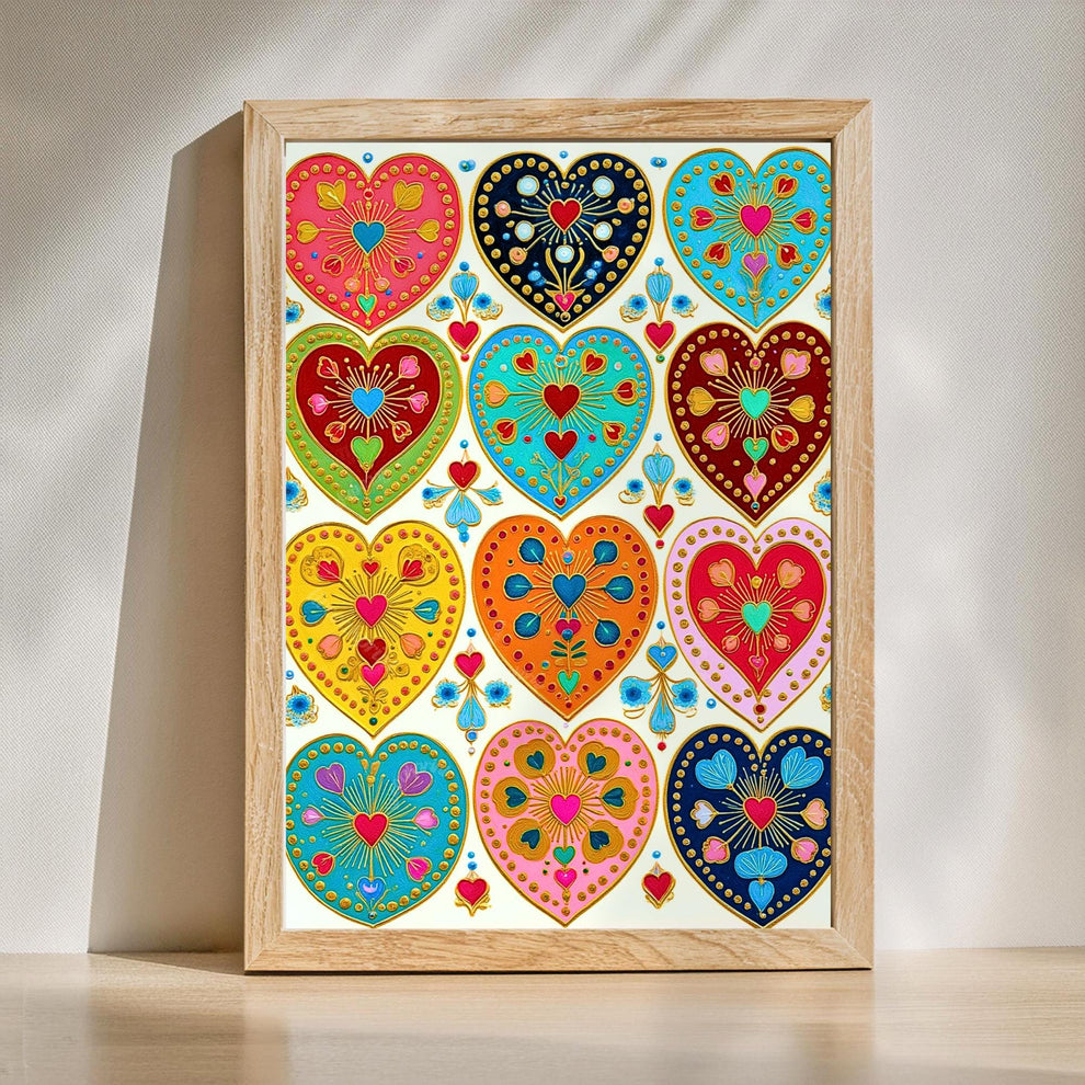 Folk Art Heart Wall Print – Colorful Sacred Hearts Artwork, Boho Gold Wall Art for Bedroom or Gallery Wall, Whimsical Romantic Decor