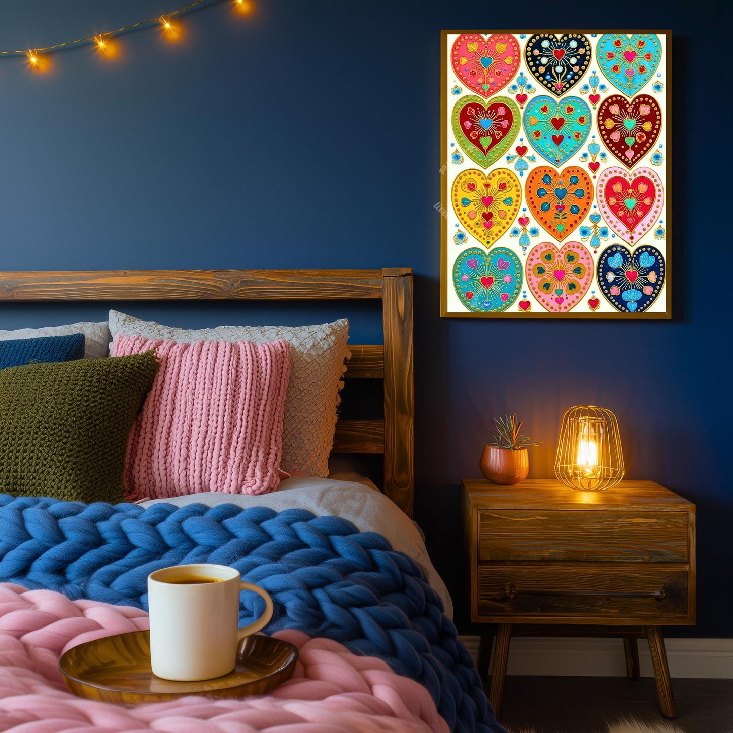 Folk Art Heart Wall Print – Colorful Sacred Hearts Artwork, Boho Gold Wall Art for Bedroom or Gallery Wall, Whimsical Romantic Decor