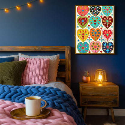 Folk Art Heart Wall Print – Colorful Sacred Hearts Artwork, Boho Gold Wall Art for Bedroom or Gallery Wall, Whimsical Romantic Decor