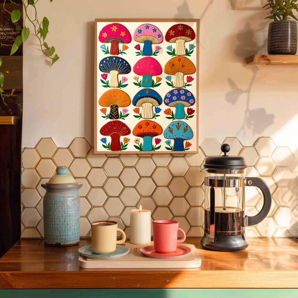 Boho Mushrooms Wall Print – Colorful Folk Wall Art Mushroom Gift Living Room Decor