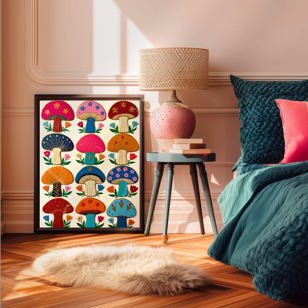 Boho Mushrooms Wall Print – Colorful Folk Wall Art Mushroom Gift Living Room Decor