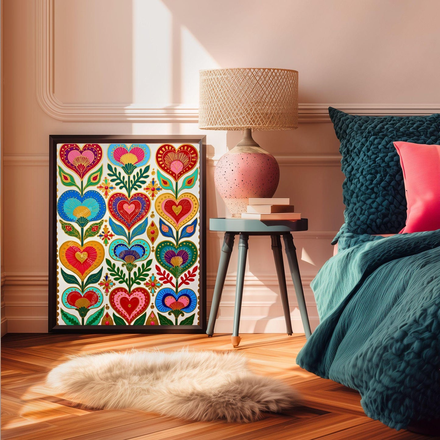 Folk Art Heart Wall Print – Colorful Scandi Artwork, Boho Gold Wall Art for Bedroom or Gallery Wall, Whimsical Romantic Decor