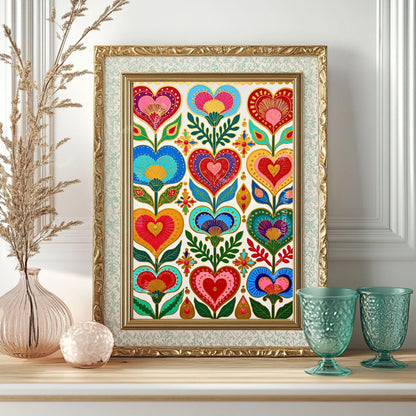 Folk Art Heart Wall Print – Colorful Scandi Artwork, Boho Gold Wall Art for Bedroom or Gallery Wall, Whimsical Romantic Decor