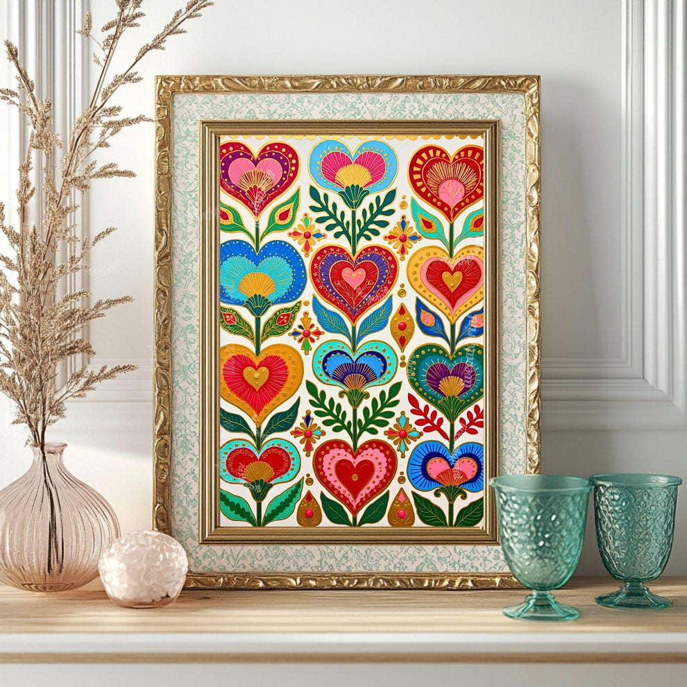 Folk Art Heart Wall Print – Colorful Scandi Artwork, Boho Gold Wall Art for Bedroom or Gallery Wall, Whimsical Romantic Decor