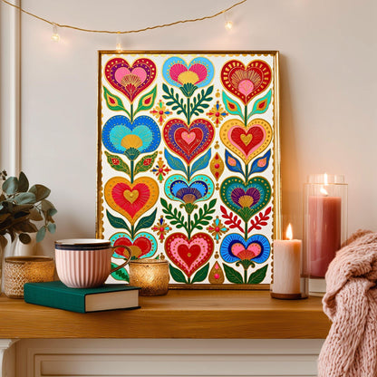 Folk Art Heart Wall Print – Colorful Scandi Artwork, Boho Gold Wall Art for Bedroom or Gallery Wall, Whimsical Romantic Decor