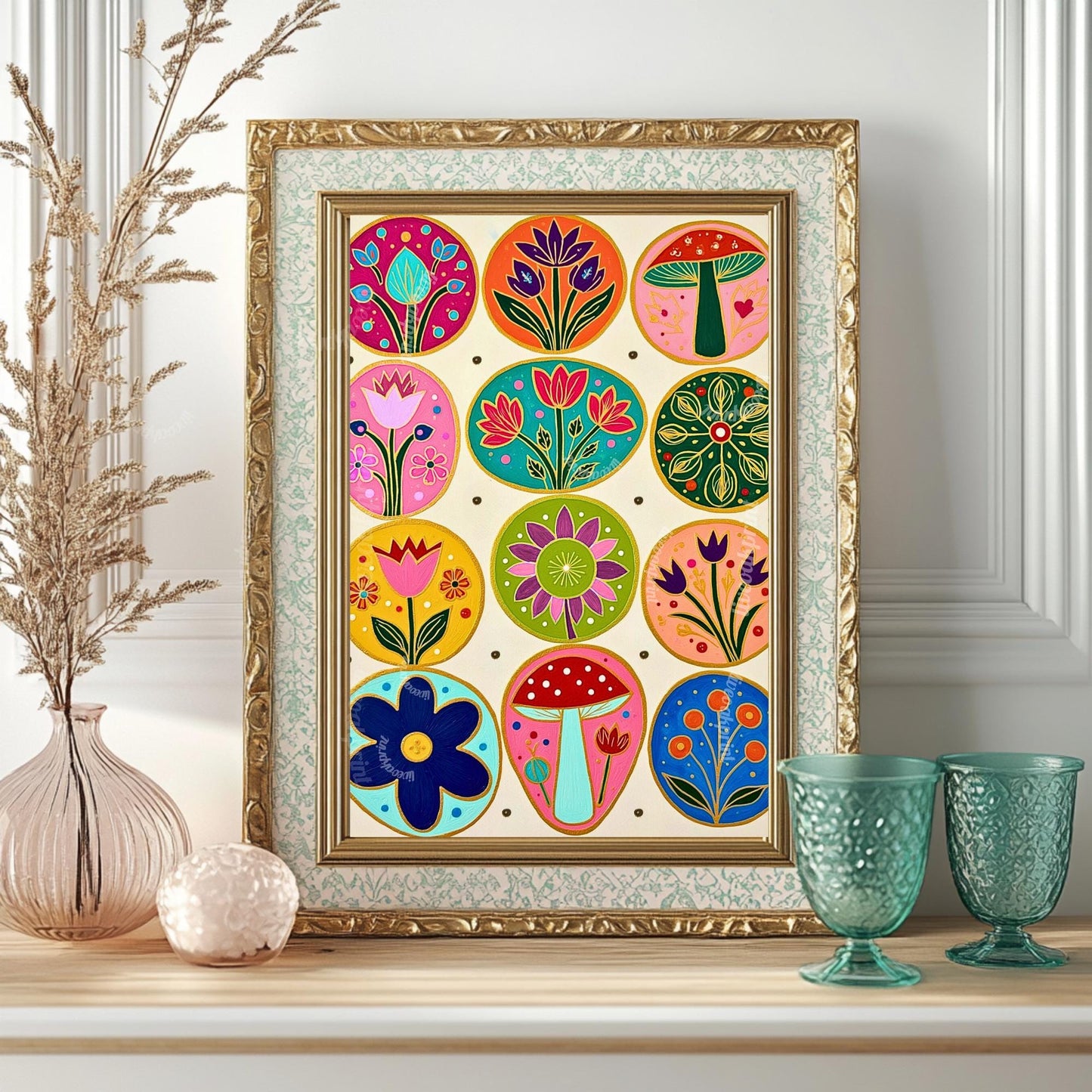 Cozy Forest Folk Wall Art - Colorful Boho Floral Decor For Bedroom Scandi Wall Decor Nordic Wall Art