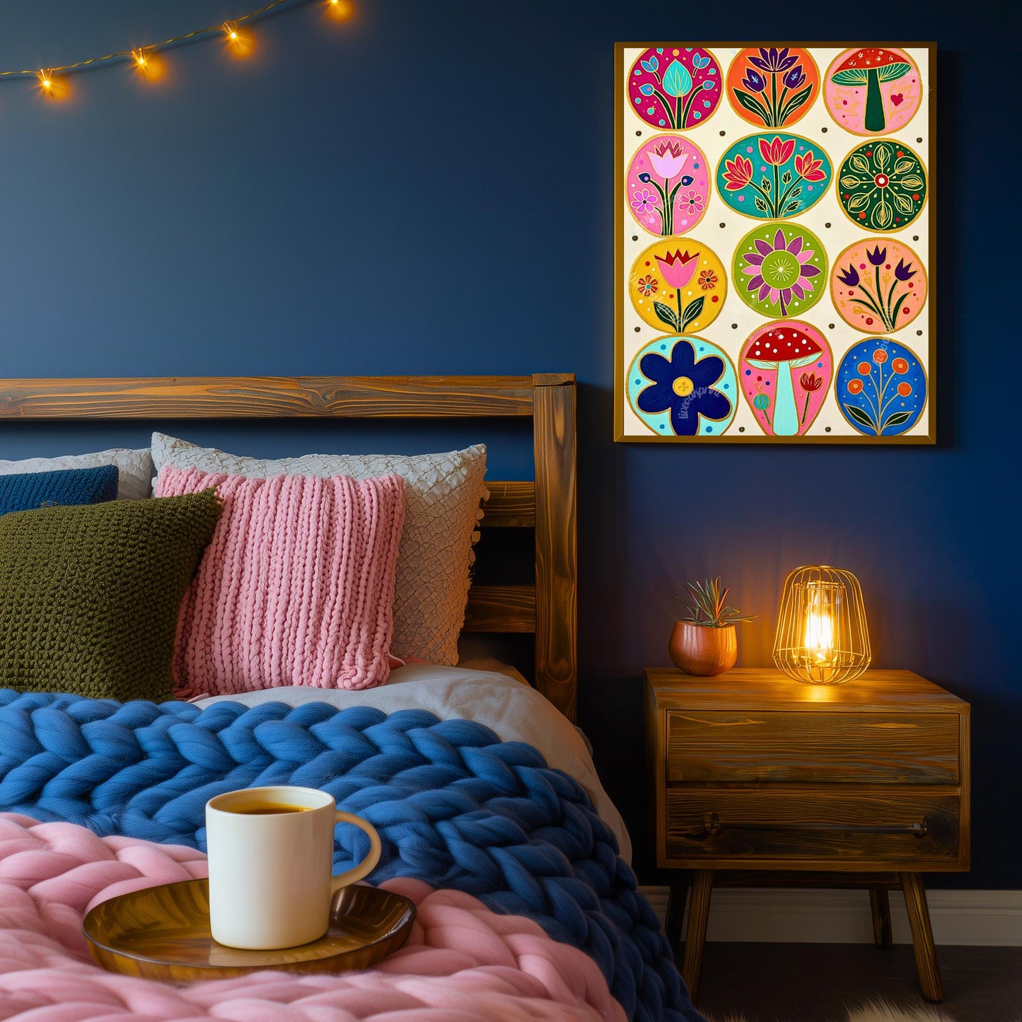 Cozy Forest Folk Wall Art - Colorful Boho Floral Decor For Bedroom Scandi Wall Decor Nordic Wall Art
