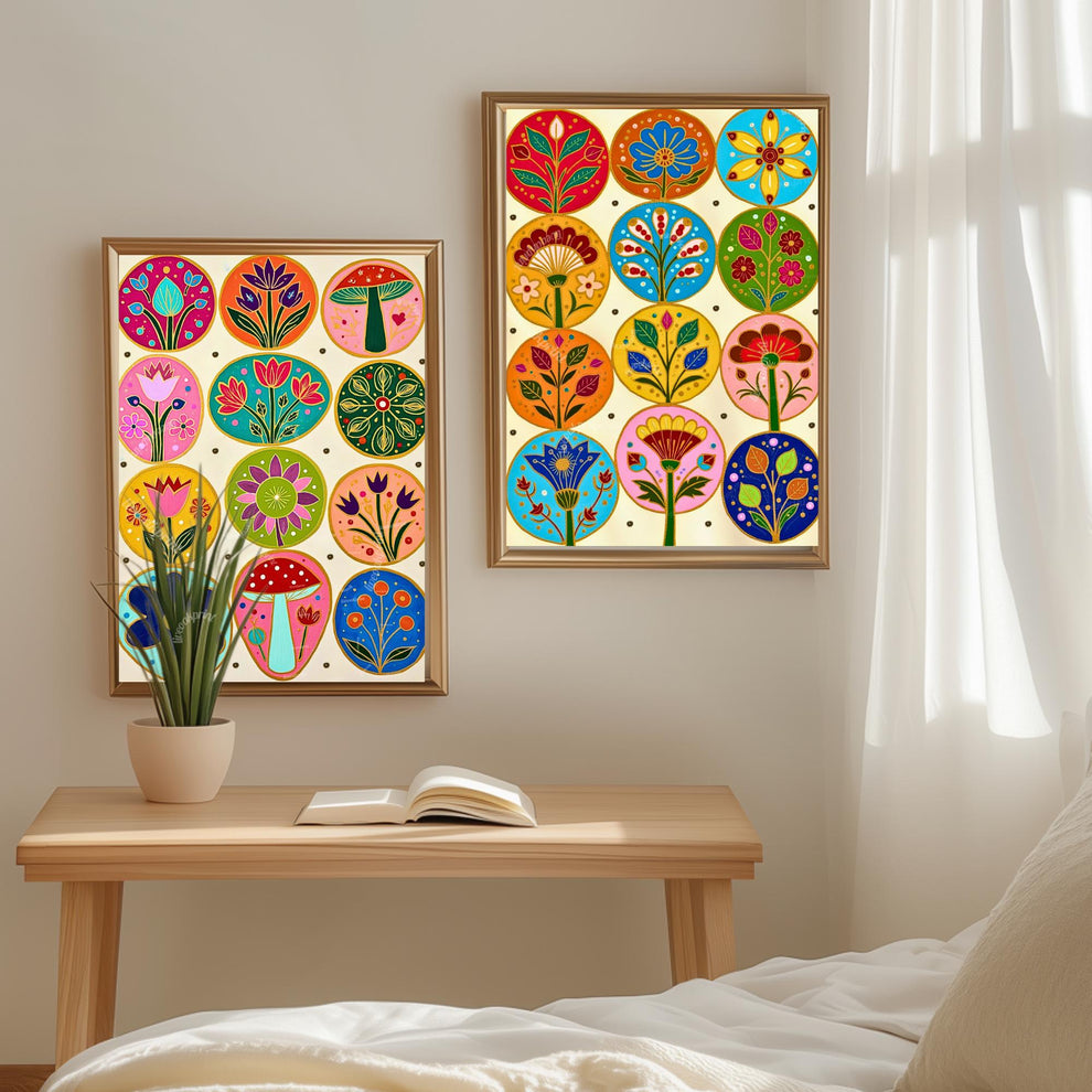 Cozy Forest Folk Wall Art - Colorful Boho Floral Decor For Bedroom Scandi Wall Decor Nordic Wall Art