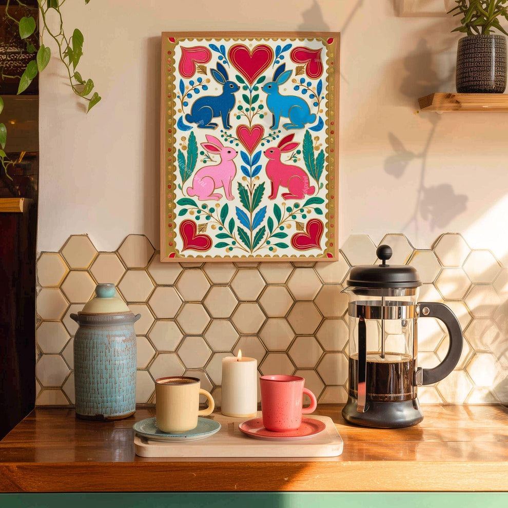 Scandi Folk Rabbit Art Print – Colorful Scandinavian Boho Wall Art Nordic Bedroom Print Colorful Hygge Decor