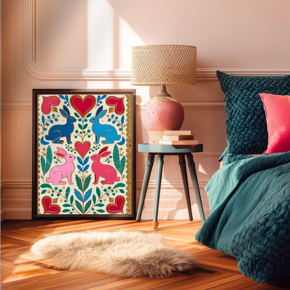 Scandi Folk Rabbit Art Print – Colorful Scandinavian Boho Wall Art Nordic Bedroom Print Colorful Hygge Decor