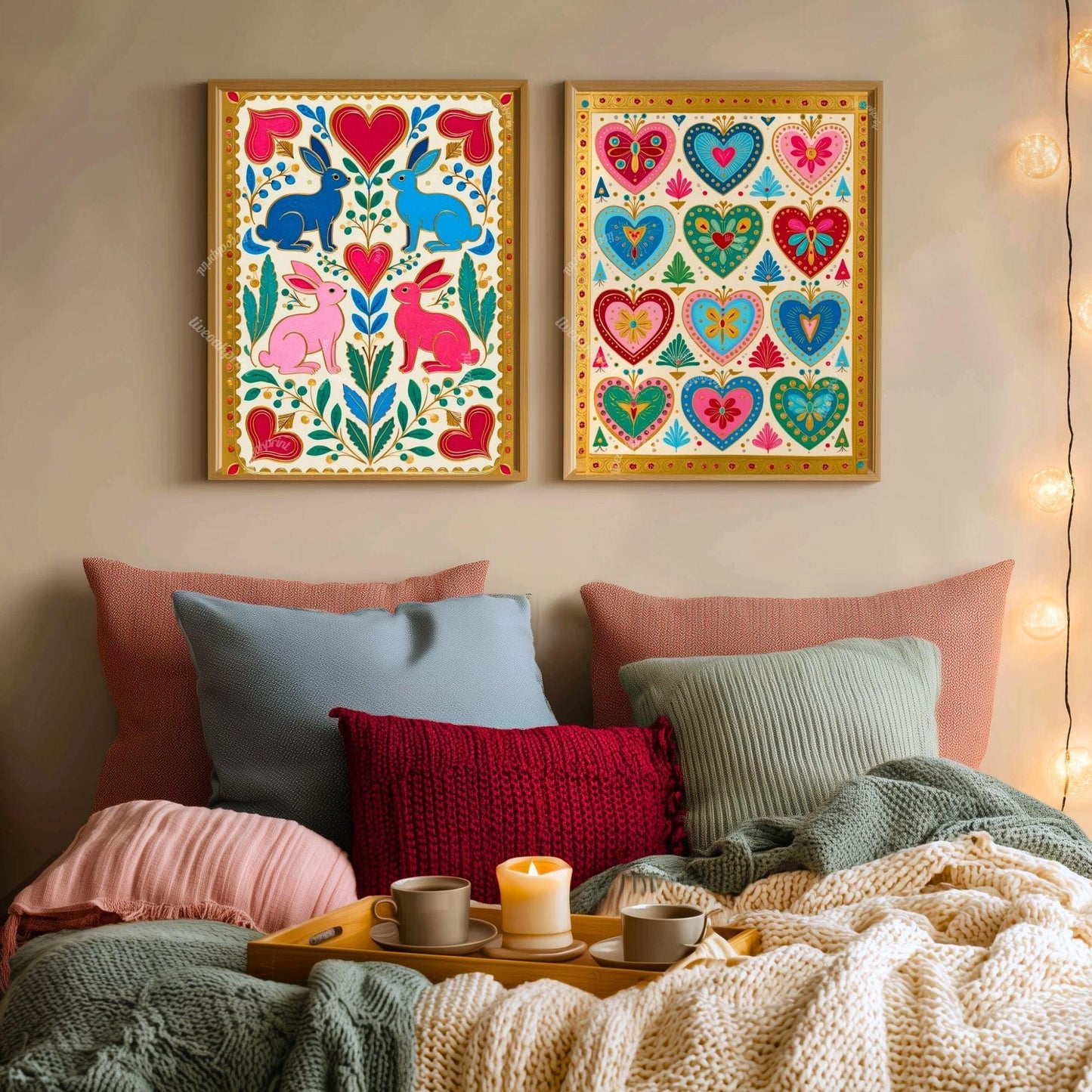 Scandi Folk Rabbit Art Print – Colorful Scandinavian Boho Wall Art Nordic Bedroom Print Colorful Hygge Decor