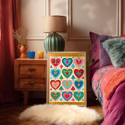 Boho Scandi Folk Heart Art Print – Colorful Scandinavian Wall Art Modern Boho Home Decor Nordic Bedroom Art