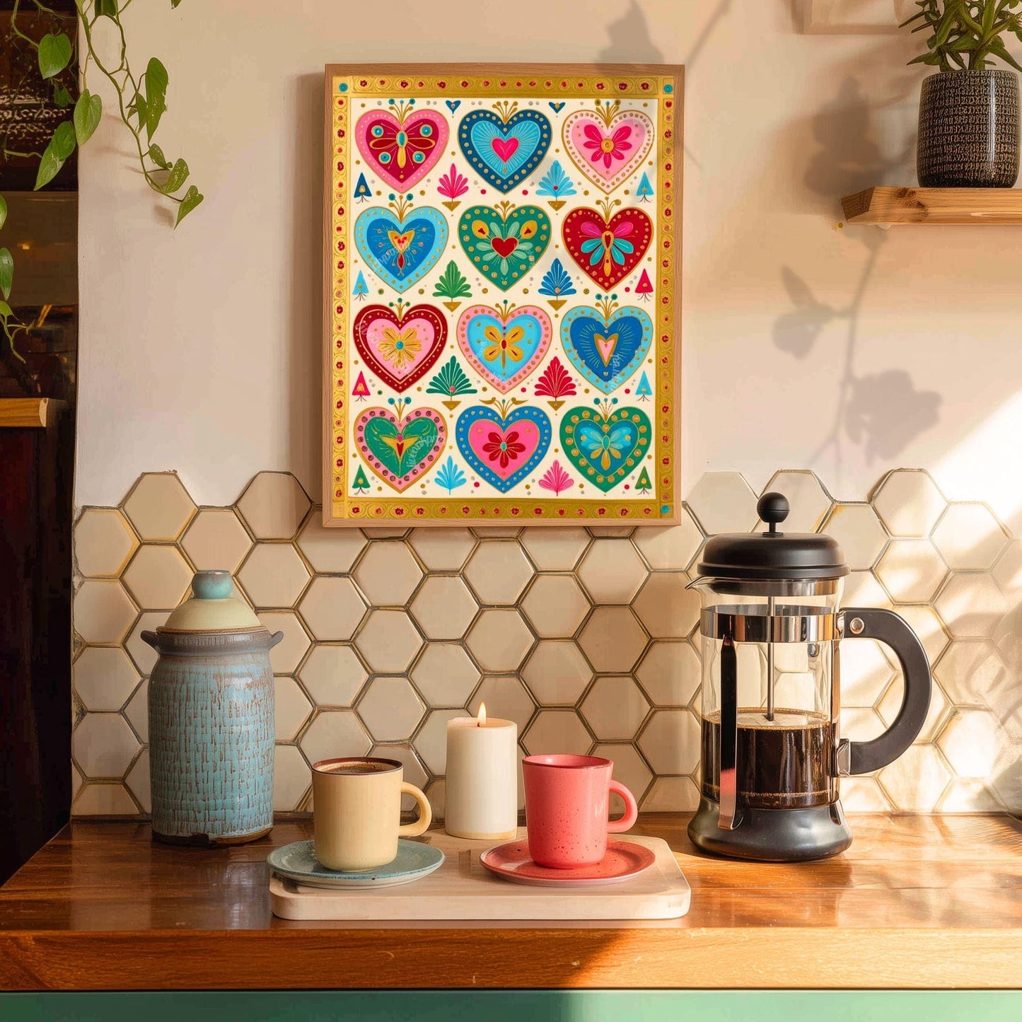 Boho Scandi Folk Heart Art Print – Colorful Scandinavian Wall Art Modern Boho Home Decor Nordic Bedroom Art