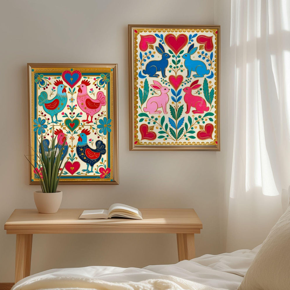 Scandi Folk Wall Art Set – Colorful Scandinavian Boho Animal Prints Wall Art Rabbit and Rooster Prints Scandi Boho Prints Set of Two