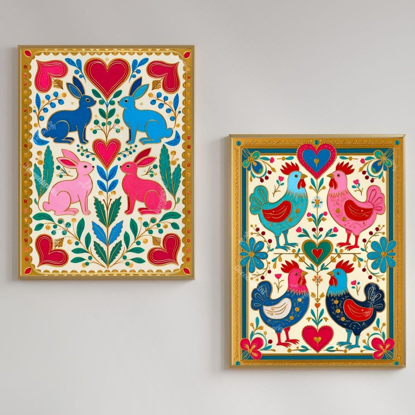 Scandi Folk Wall Art Set – Colorful Scandinavian Boho Animal Prints Wall Art Rabbit and Rooster Prints Scandi Boho Prints Set of Two