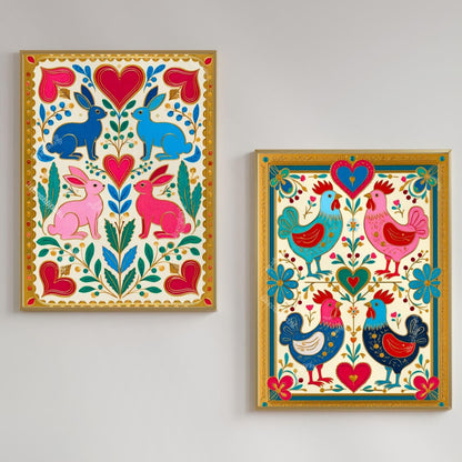 Scandi Folk Wall Art Set – Colorful Scandinavian Boho Animal Prints Wall Art Rabbit and Rooster Prints Scandi Boho Prints Set of Two