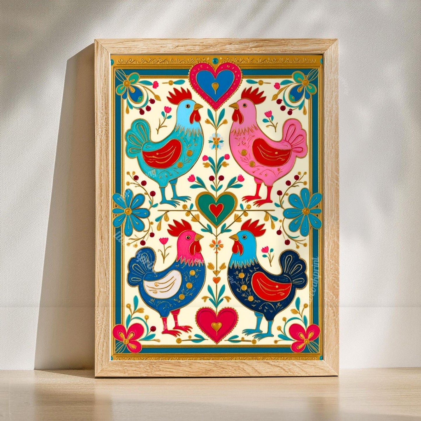 Scandi Folk Wall Art Set – Colorful Scandinavian Boho Animal Prints Wall Art Rabbit and Rooster Prints Scandi Boho Prints Set of Two