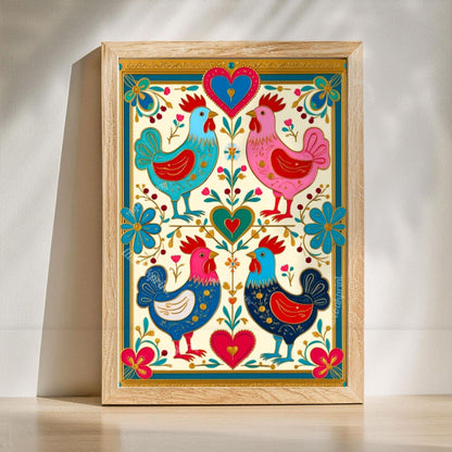 Scandi Folk Wall Art Set – Colorful Scandinavian Boho Animal Prints Wall Art Rabbit and Rooster Prints Scandi Boho Prints Set of Two