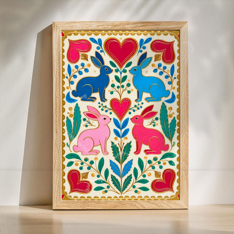 Scandi Folk Wall Art Set – Colorful Scandinavian Boho Animal Prints Wall Art Rabbit and Rooster Prints Scandi Boho Prints Set of Two