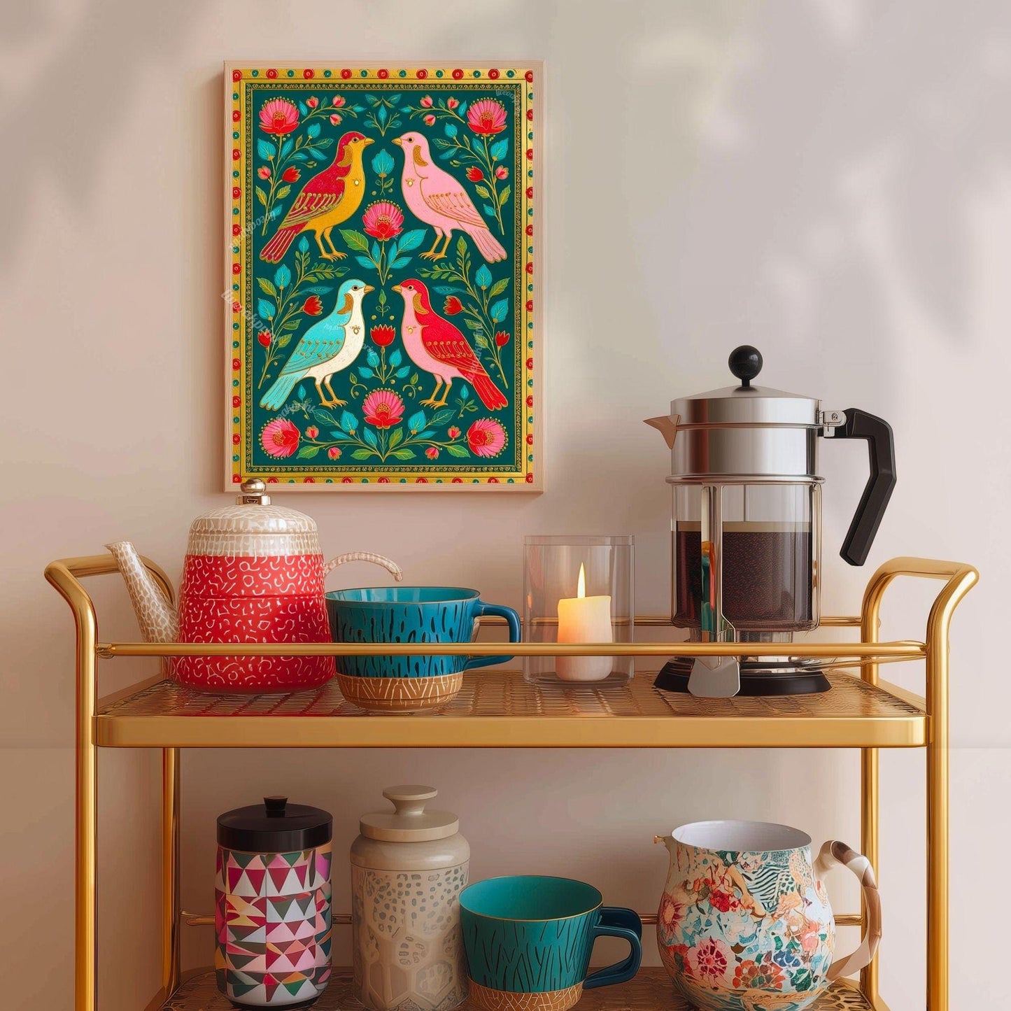 Scandi Boho Bird Print – Modern Folk Art for Cozy Homes Bird Folk Print For Kitchen Nordic Wall Decor