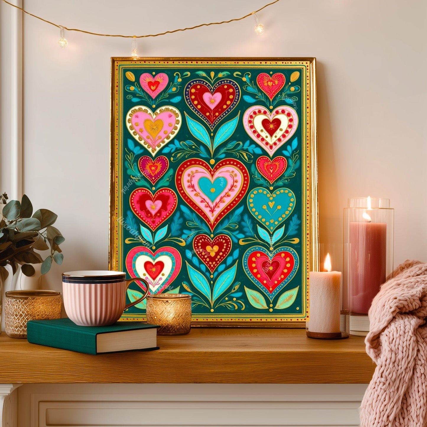 Green Boho Scandi Hearts Print – Modern Scandinavian Folk Art for Kitchen Funky Folk Art Print Dark Green Wall Art Green and Pink