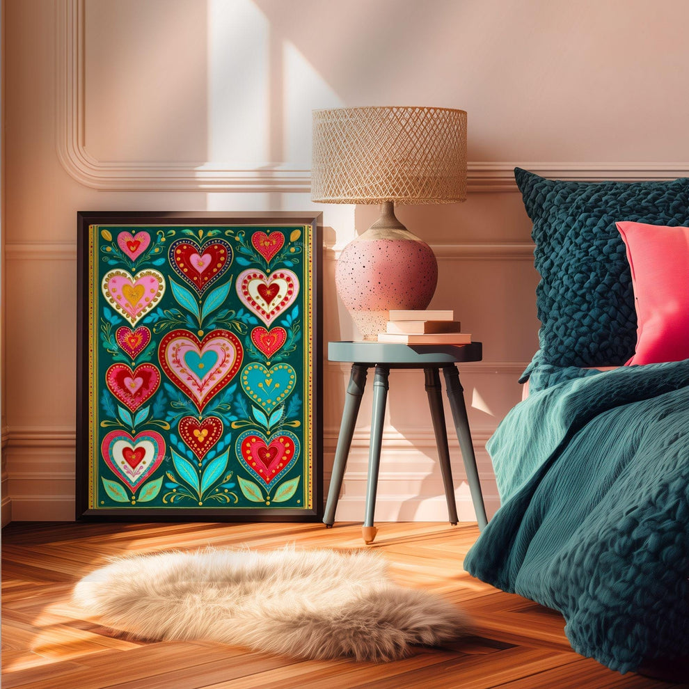 Green Boho Scandi Hearts Print – Modern Scandinavian Folk Art for Kitchen Funky Folk Art Print Dark Green Wall Art Green and Pink