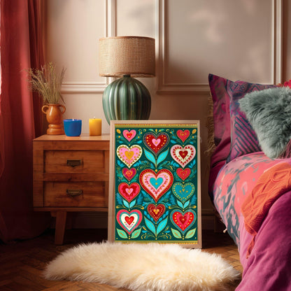 Green Boho Scandi Hearts Print – Modern Scandinavian Folk Art for Kitchen Funky Folk Art Print Dark Green Wall Art Green and Pink