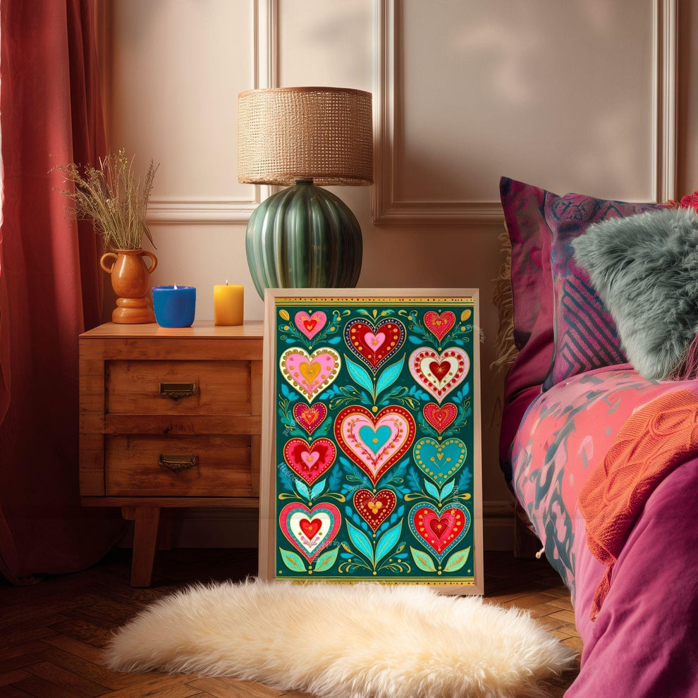 Green Boho Scandi Hearts Print – Modern Scandinavian Folk Art for Kitchen Funky Folk Art Print Dark Green Wall Art Green and Pink